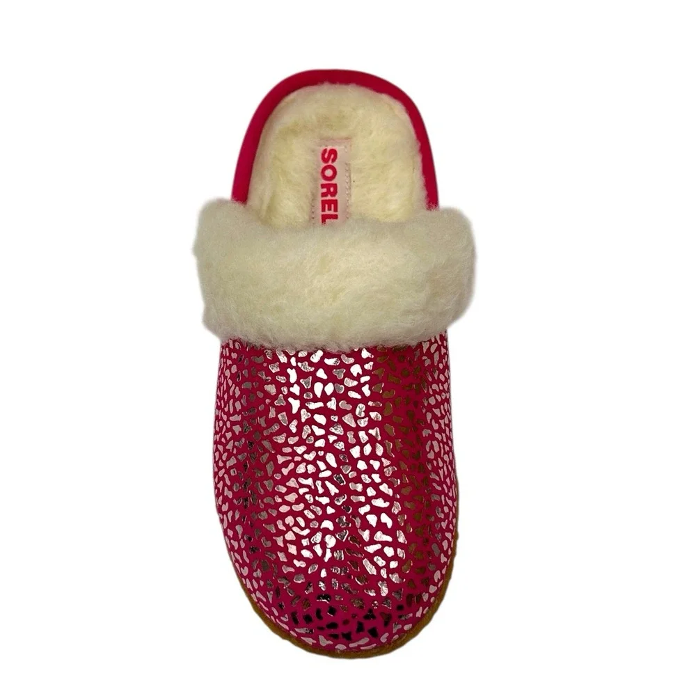 SOREL Nakiska Youth Girls Faux Fur Slippers‎ Size 5 Pink - Silver Animal Print